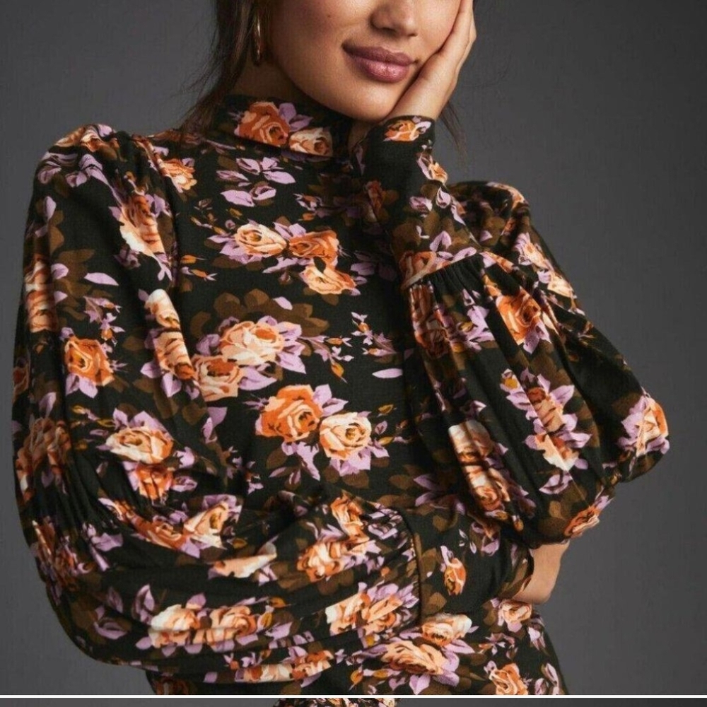 Anthropologie Black and Orange Mandarin Collar Blouse